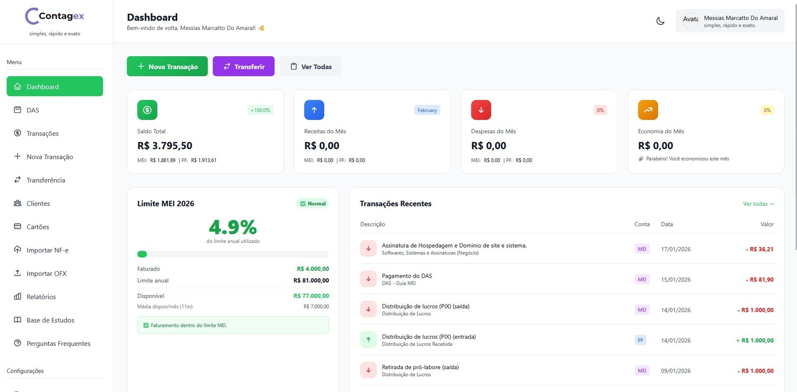 Tela do ContaGex: dashboard de controle financeiro